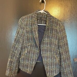 ZARA TWEED GREEN METALLIC GOLD OPEN FRONT WOOL BLEND BLAZER JACKET SIZE M